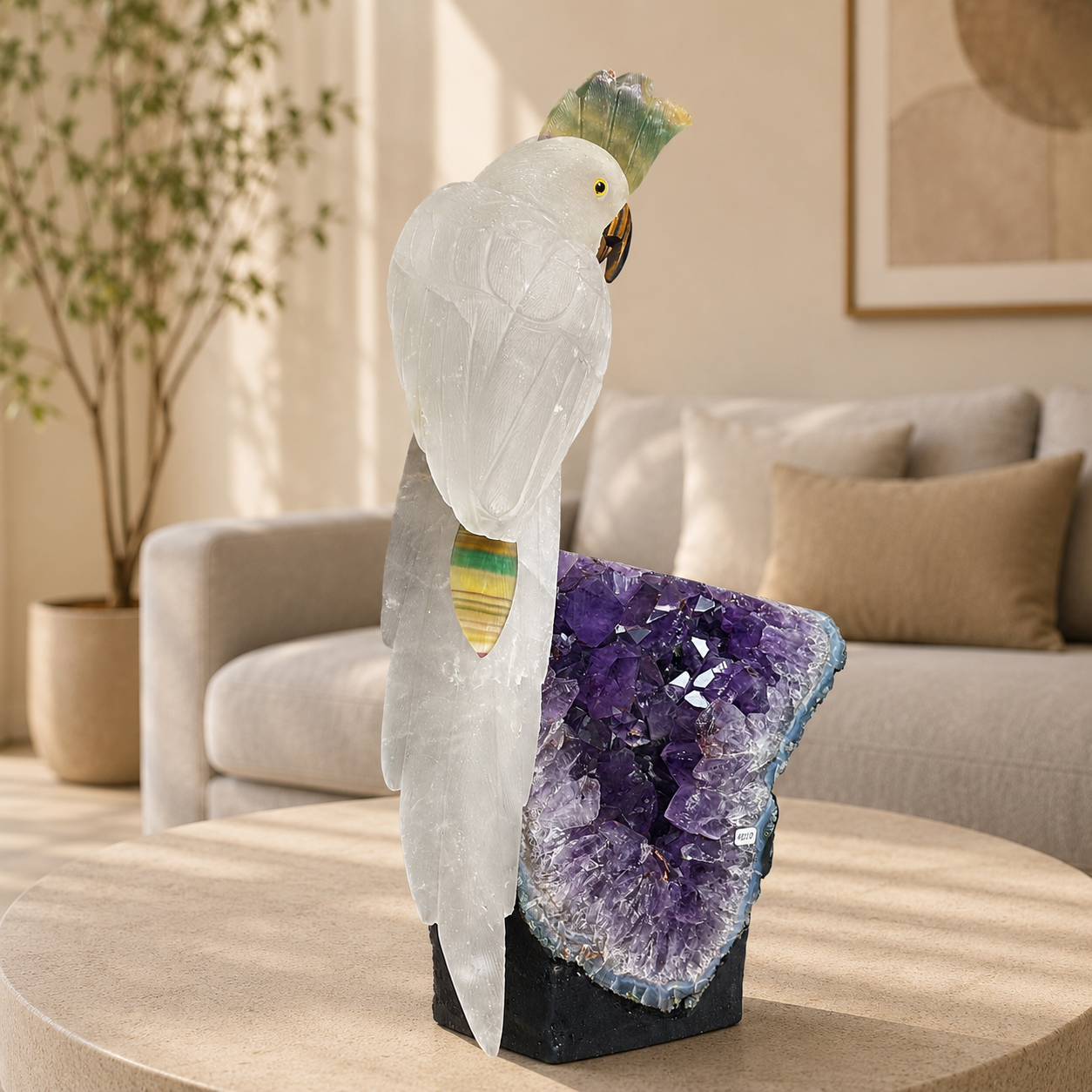 Aurecrest Amethyst Gemstone Cockatoo – Selenite Crystal Bird Home Décor, Purity & Serenity Symbol | 19 Inch, 10kg