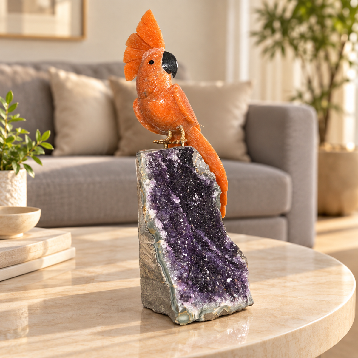 Aurelio Orange Calcite Amethyst Gemstone Bird – Crystal Parrot Home Décor, Creativity & Positivity Symbol, 9 Inch, 1.3 kg