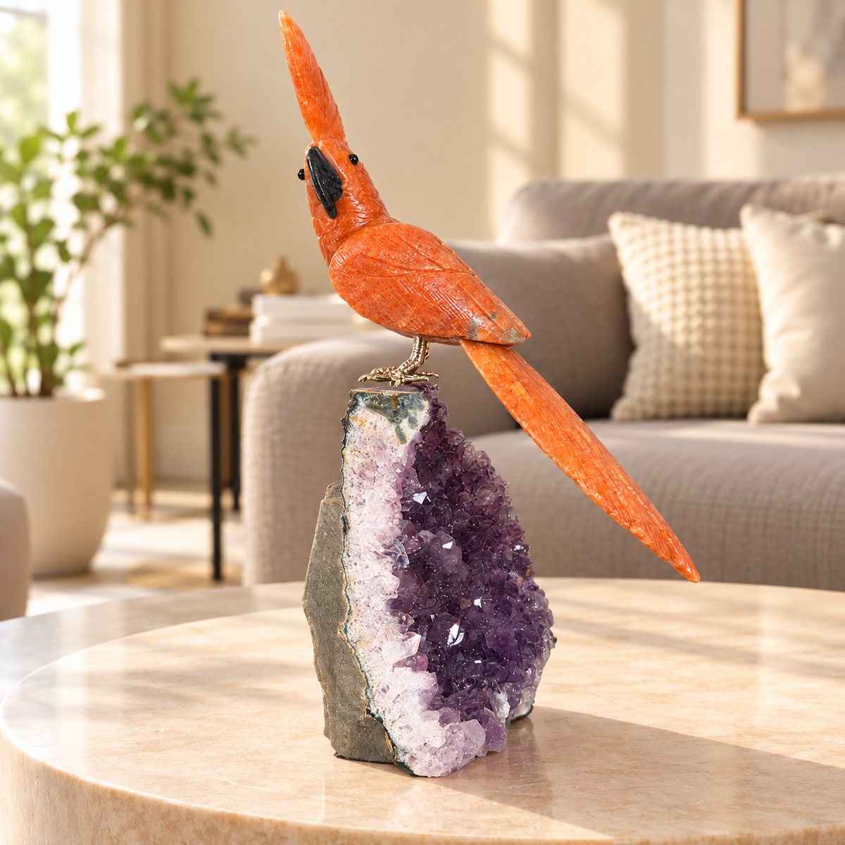 Aurevia Orange Calcite Amethyst Gemstone Bird – Crystal Cockatoo Home Décor, Creativity & Positivity Symbol | 9.5 Inch, 1.2 kg
