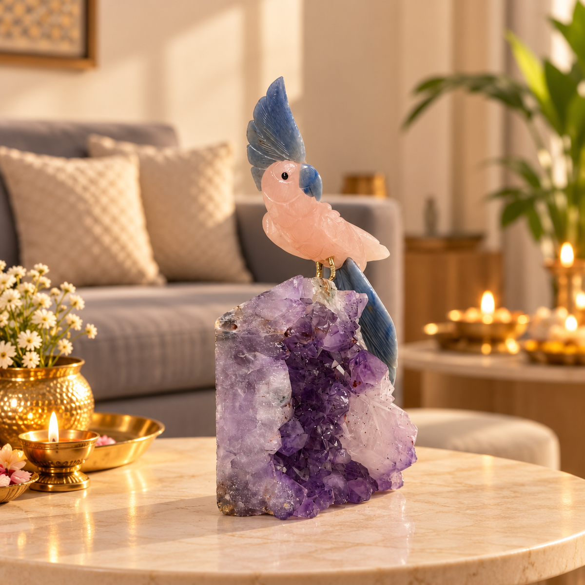 Roselia Amethyst Gemstone Bird – Rose Quartz & Lapis Lazuli Crystal Parrot Home Décor, Love, Harmony & Wisdom Symbol 9 Inch, 1.5 Kg