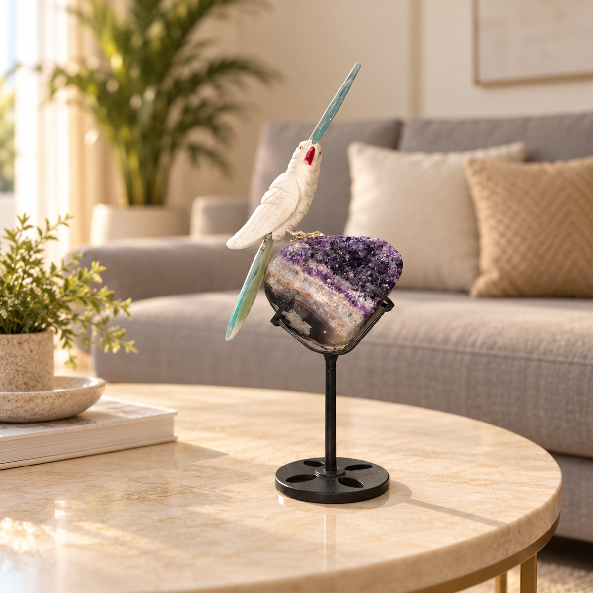 Aurevia White Quartz & Green Agate Gemstone Bird – Crystal Parrot on Amethyst, Peace & Harmony Symbol, 12 Inch, 1.1 kg