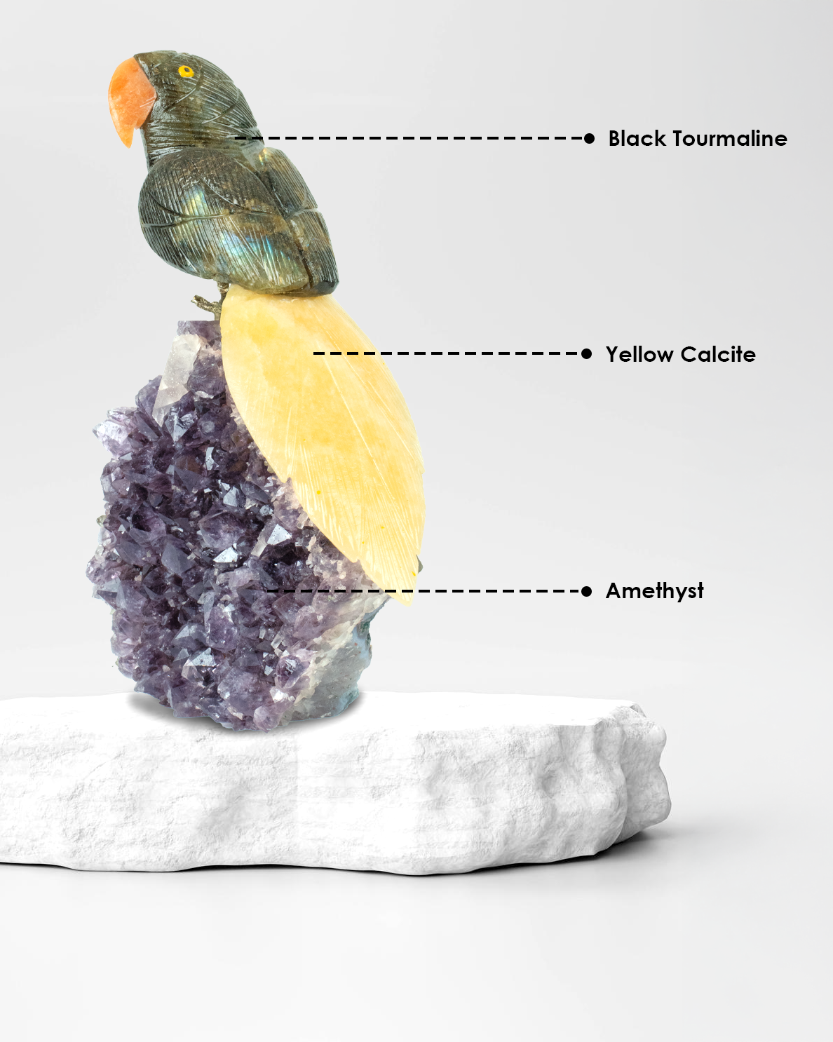 Decorative piece with a parrot figurine on a crystal base labeled 'Black Tourmaline', 'Yellow Calcite', and 'Amethyst'.