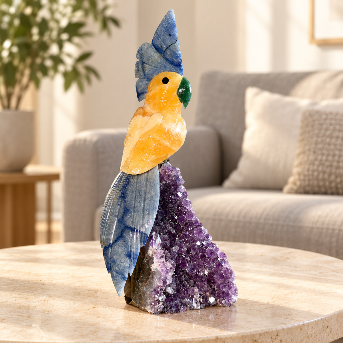 Solviera Yellow Calcite & Lapis Lazuli Gemstone Bird – Crystal Parrot on Amethyst Base, Positivity & Wisdom Symbol | 10 inch, 1.4kg