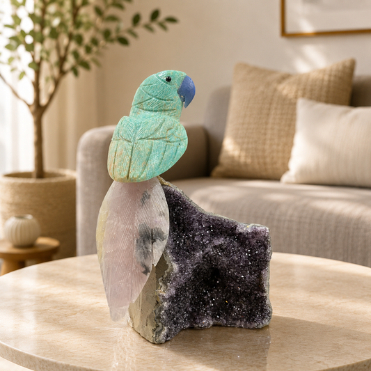 Amazorielle Amethyst Gemstone Bird – Amazonite & Rose Quartz Crystal Parrot Décor, Peace & Emotional Harmony Symbol (8 Inch, 1.6kg)