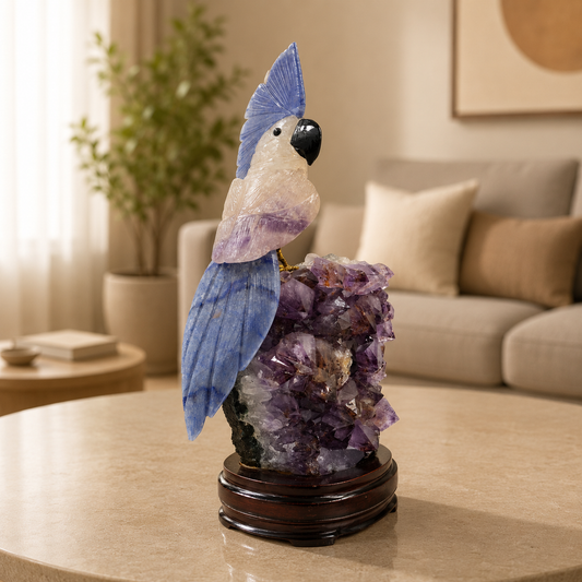 Amethera Amethyst Gemstone Bird – Lapis Lazuli Crown Crystal Parrot Décor, Wisdom & Harmony Symbol (11 Inch, 2 kg)