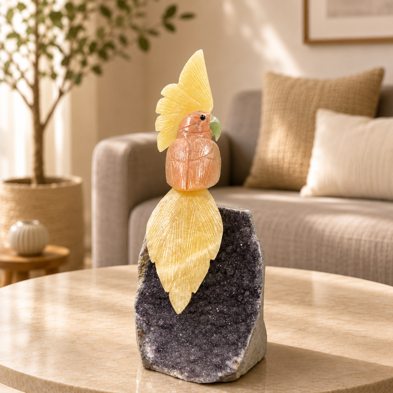 Solviora Amethyst Gemstone Bird – Orange & Yellow Calcite Crystal Parrot Décor, Joy & Positivity Symbol (10 Inch, 1.4kg)