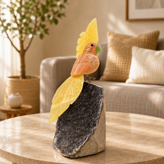 Solviora Amethyst Gemstone Bird – Orange & Yellow Calcite Crystal Parrot Décor, Joy & Positivity Symbol (10 Inch, 1.4kg)