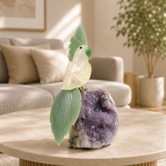Verdelume Amethyst Gemstone Bird – White Quartz Crystal Parrot Décor, Prosperity & Peace Symbol (9.5 Inch, 1.5 kg)