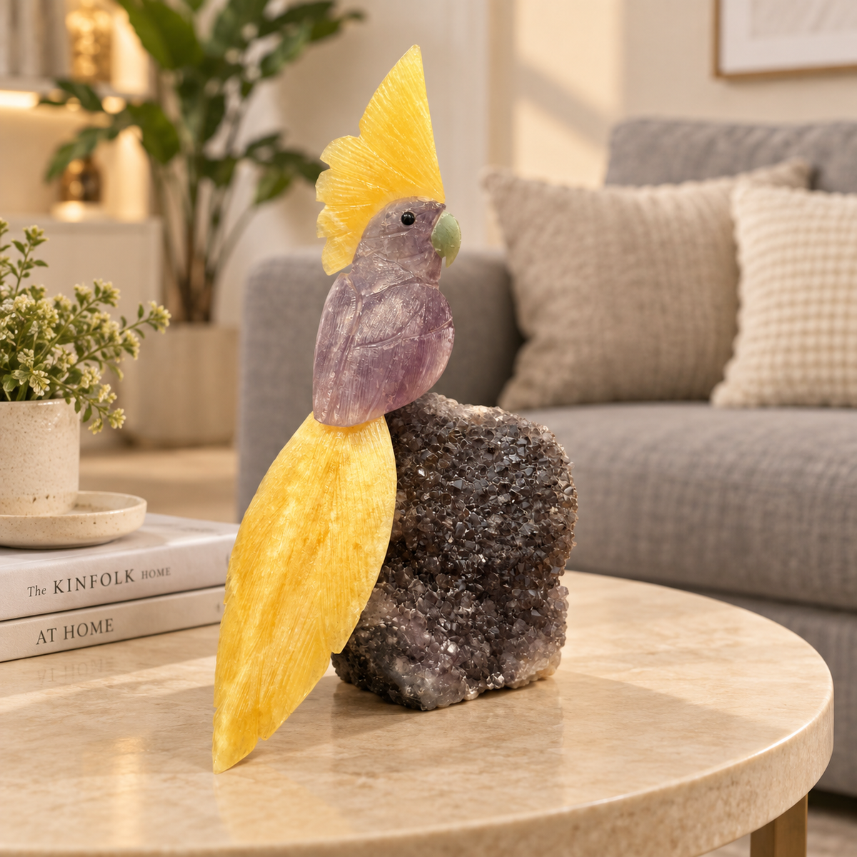 Solmira Amethyst Gemstone Bird – Yellow Calcite Crystal Parrot on Amethyst Base, Clarity & Positivity Symbol | 9 Inch, 1.6kg