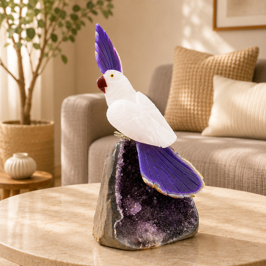 Luméthra Amethyst Gemstone Bird – White Quartz Crystal Parrot Décor, Peace & Clarity Symbol (9 Inch, 1.4kg)