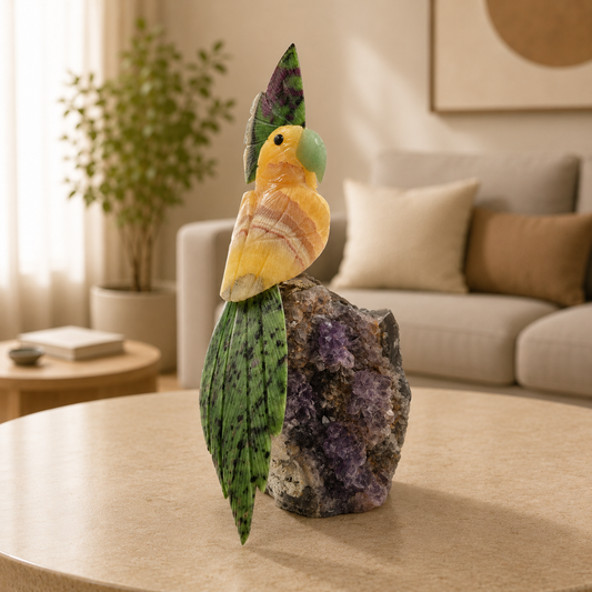 Solmivara Amethyst Gemstone Bird – Yellow Calcite & Ruby Zoisite Crystal Parrot Décor, Joy & Vitality Symbol (9 Inch, 1.7kg)
