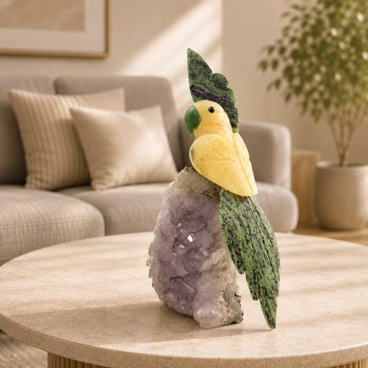 Solvique Yellow Calcite Gemstone Bird – Ruby Zoisite Crown Crystal Parrot Décor, Joy & Transformation Symbol (9 Inch, 1.5kg)