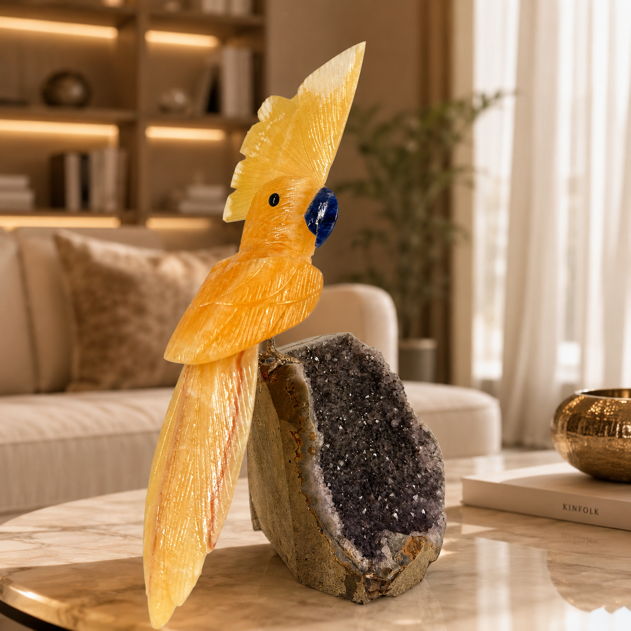 Aurecrest Yellow Calcite Gemstone Bird – Crystal Cockatoo Home Décor, Joy & Positivity Symbol | 8 Inch, 1.5 kg