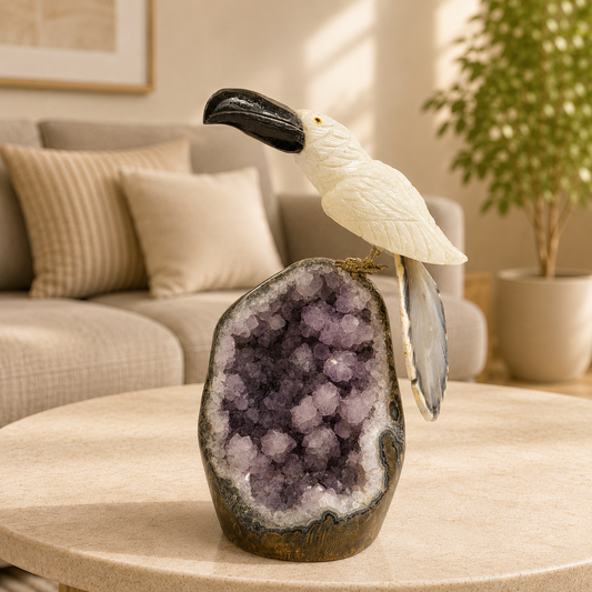 Lumivara White Quartz Toucan Bird – Gray Agate Crystal Décor, Peace & Stability Symbol (9 Inch, 1.9 kg)