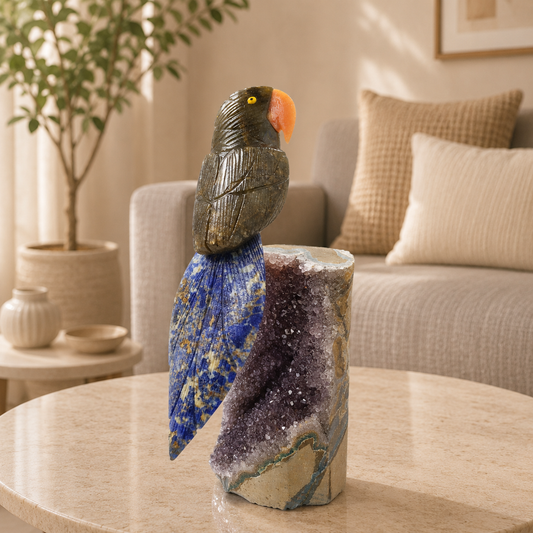 Noirvanta Black Tourmaline Gemstone Bird – Blue Sodalite Tail Crystal Parrot Décor, Protection & Wisdom Symbol (8 Inch, 1.5 kg)