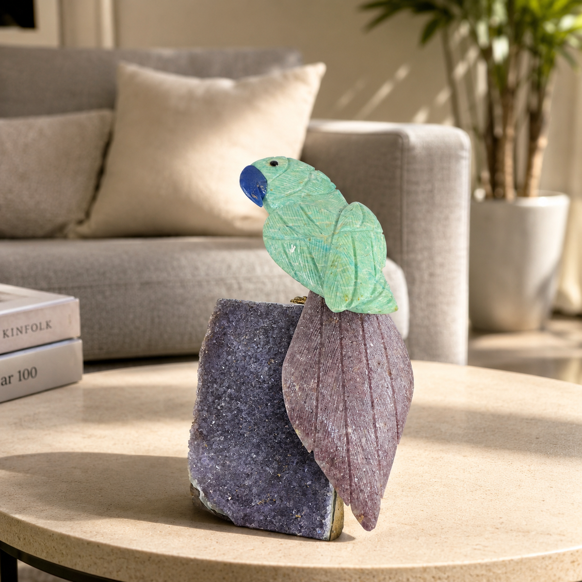 Aurevia Amazonite & Pink Stone Gemstone Bird – Crystal Parrot Home Décor on Amethyst Base, Calm & Harmony Symbol