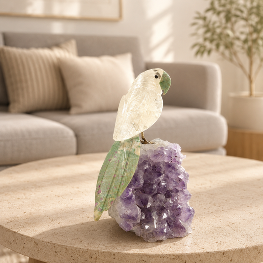 Lumivara Amethyst Gemstone Bird – Clear Quartz & Ruby Zoisite Crystal Parrot Décor, Clarity & Prosperity Symbol (8 Inch, 1.6 kg)