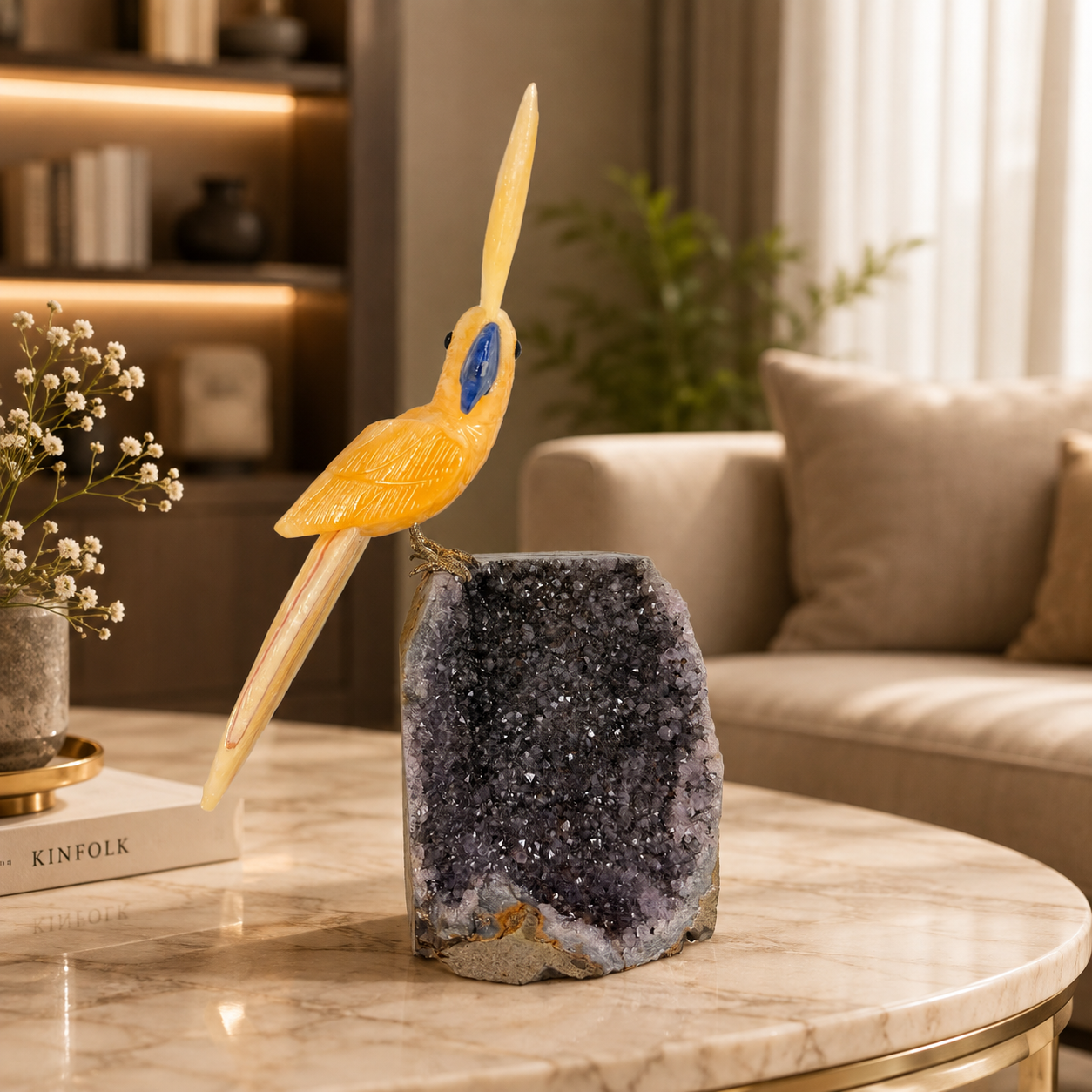 Aurecrest Yellow Calcite Gemstone Bird – Crystal Cockatoo Home Décor, Joy & Positivity Symbol | 8 Inch, 1.5 kg