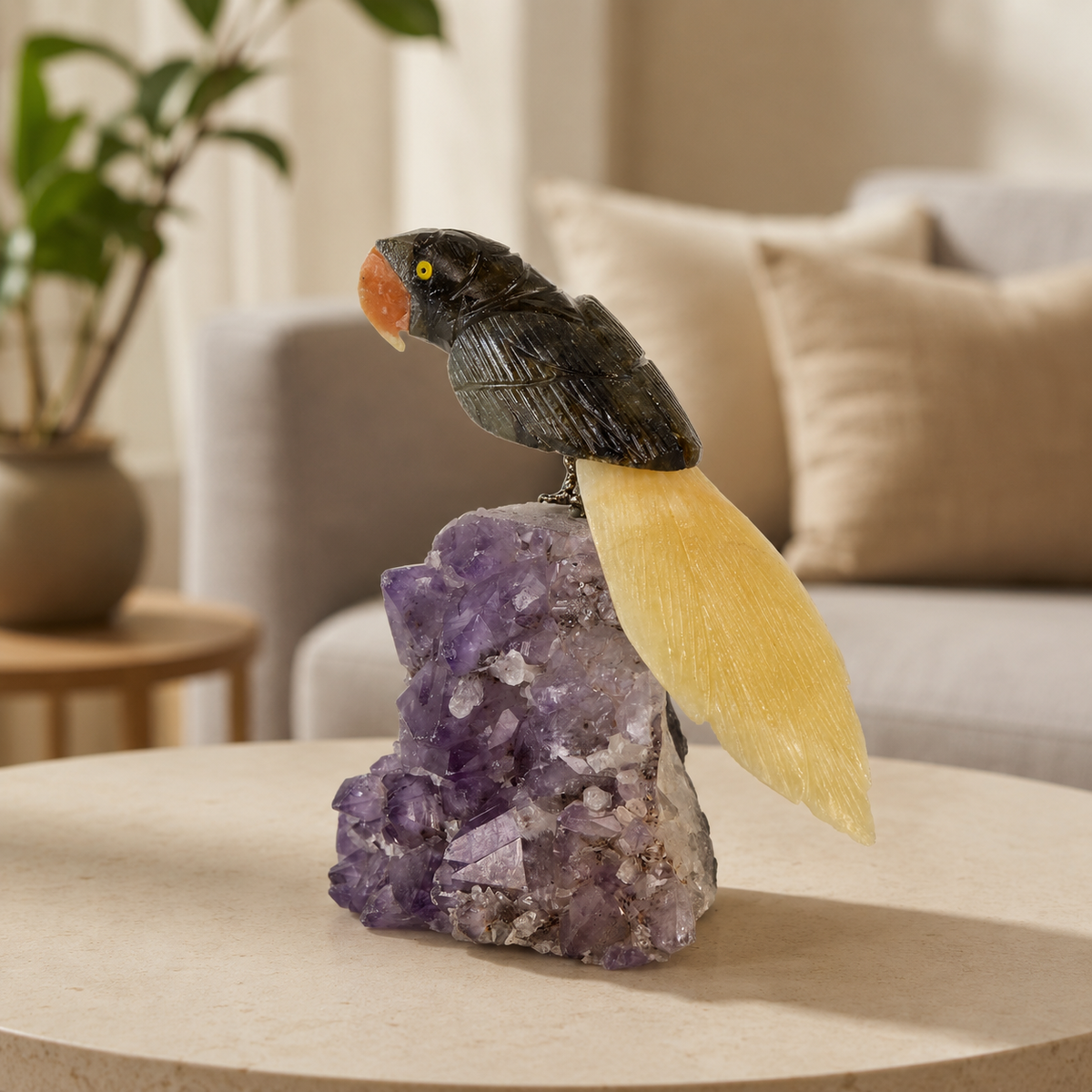 Noctara Amethyst Gemstone Bird – Black Tourmaline & Yellow Calcite Parrot Home Décor, Protection & Positivity Symbol – 5 Inch, 0.758 kg