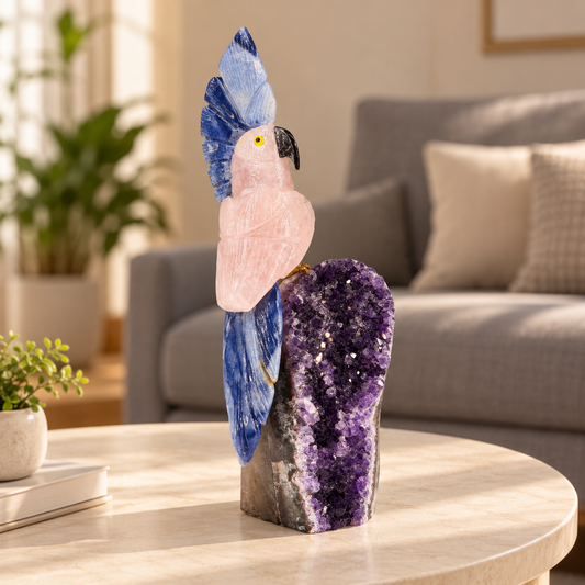 Aurevia Rose Quartz Gemstone Bird – Blue Sodalite Crystal Parrot on Amethyst Base, Love & Harmony Symbol, 8 Inch, 0.756 kg