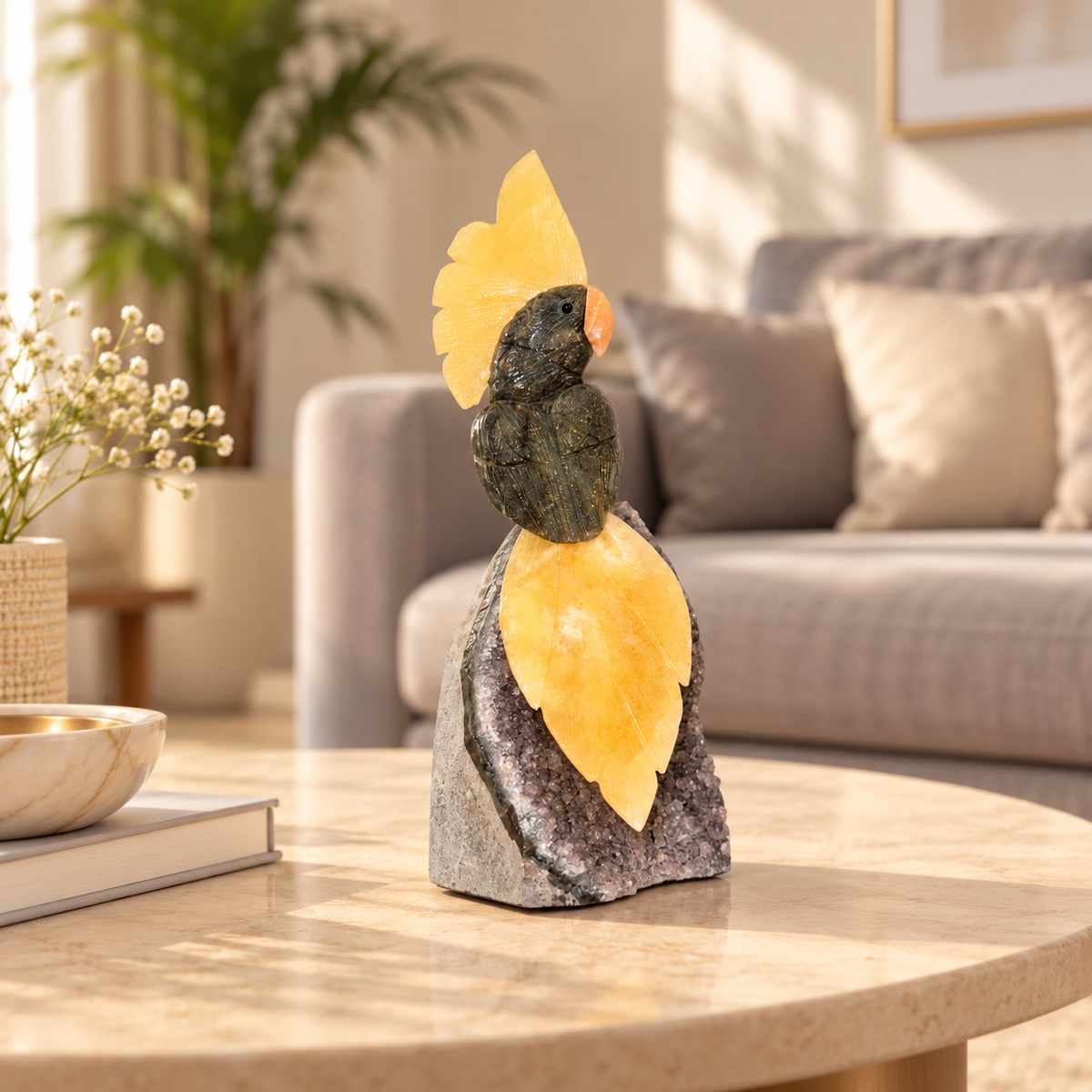 Noctavia Black Tourmaline Gemstone Bird – Yellow Calcite Crystal Parrot on Amethyst Base, Protection & Positivity Symbol, 10 Inch, 1.4 kg