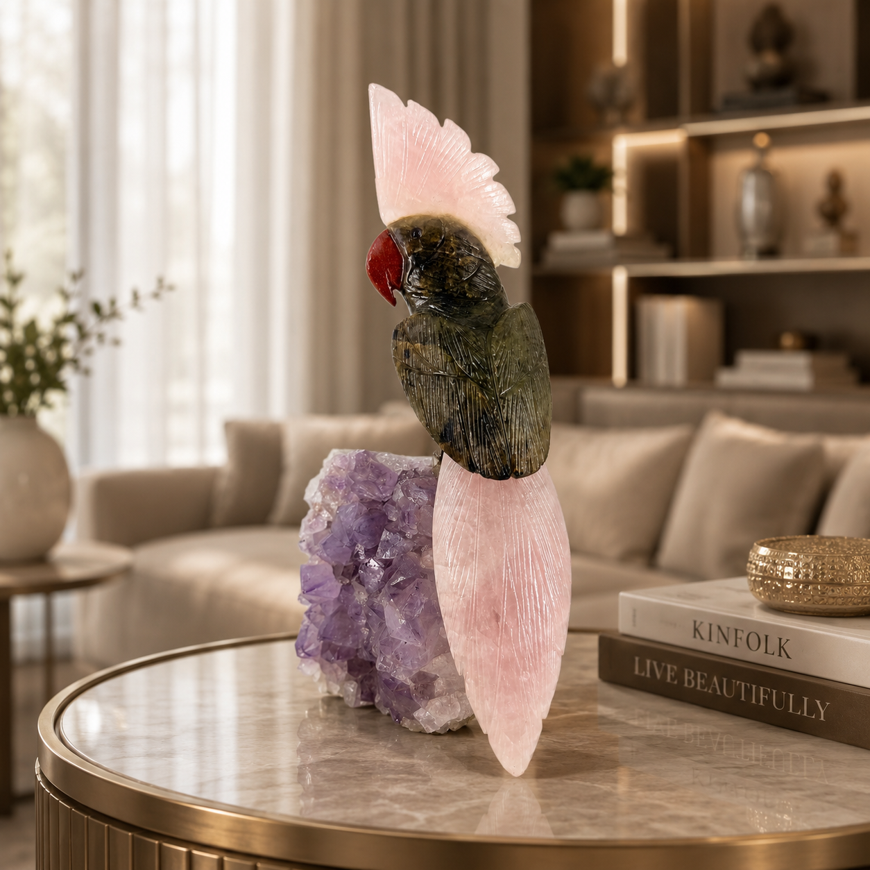 Aurevia Amethyst Gemstone Bird – Black Tourmaline & Rose Quartz Crystal Parrot Home Décor | Protection & Love Symbol | 9 Inch, 1.5 kg