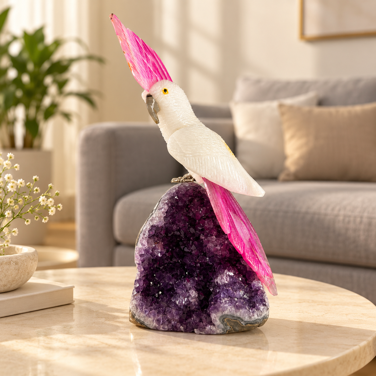 Aurelia White Quartz Gemstone Bird – Pink Agate Crystal Parrot on Amethyst Base, Clarity & Love Symbol, 9 Inch, 1.2 kg