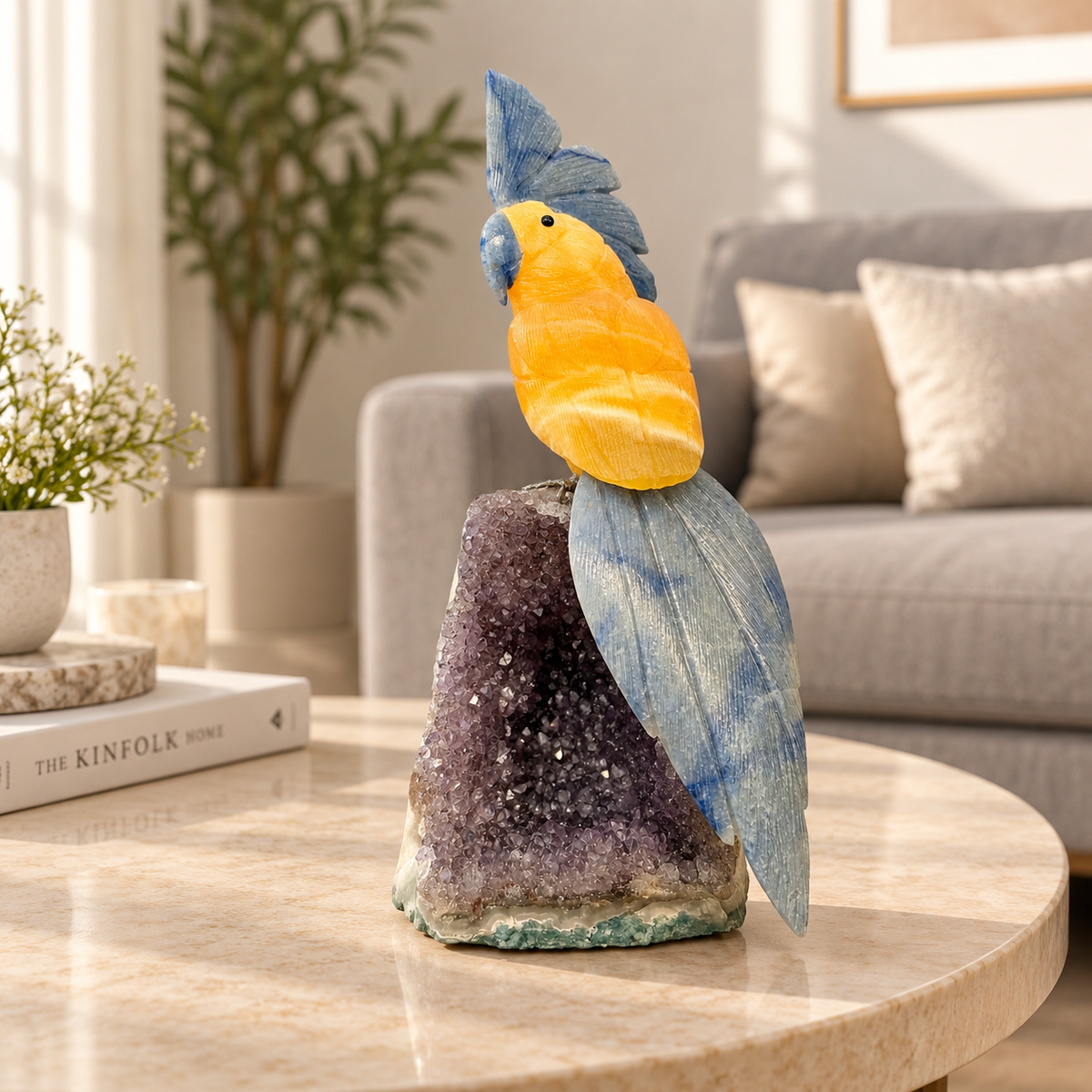 Solviera Yellow Calcite & Lapis Lazuli Gemstone Bird – Crystal Parrot on Amethyst Base, Positivity & Wisdom Symbol, 9 Inch, 1.4 kg