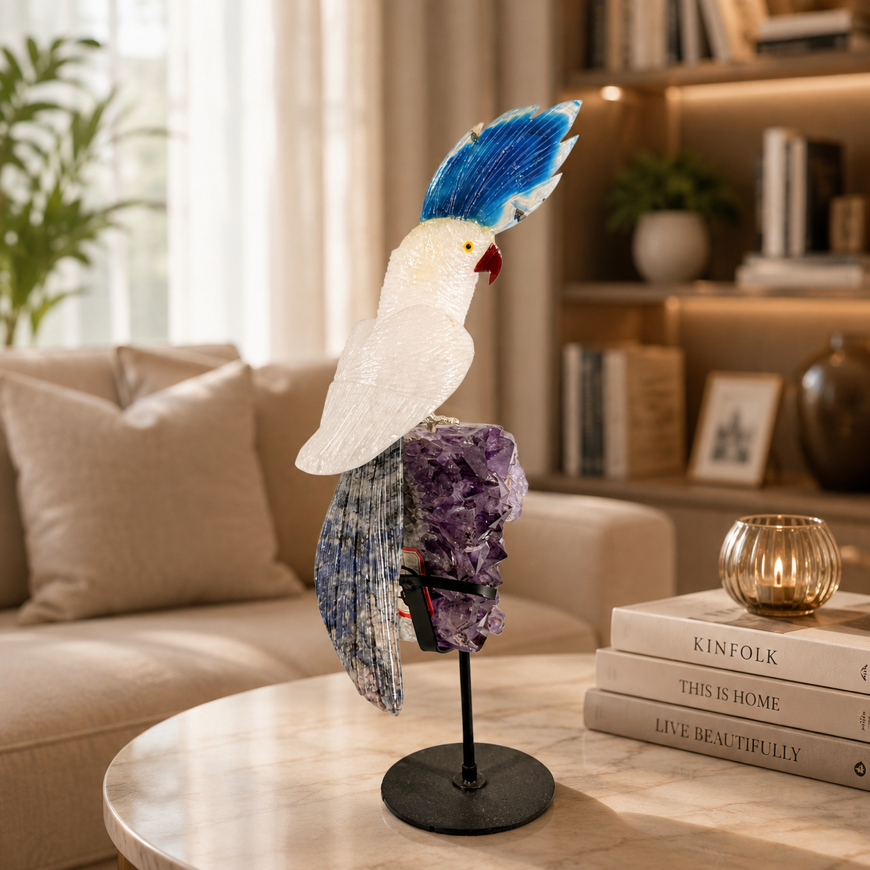 Aurecrest White Quartz Gemstone Bird – Crystal Parrot Home Décor, Purity & Calm Symbol | Amethyst Base | 11 Inch, 1.2 kg