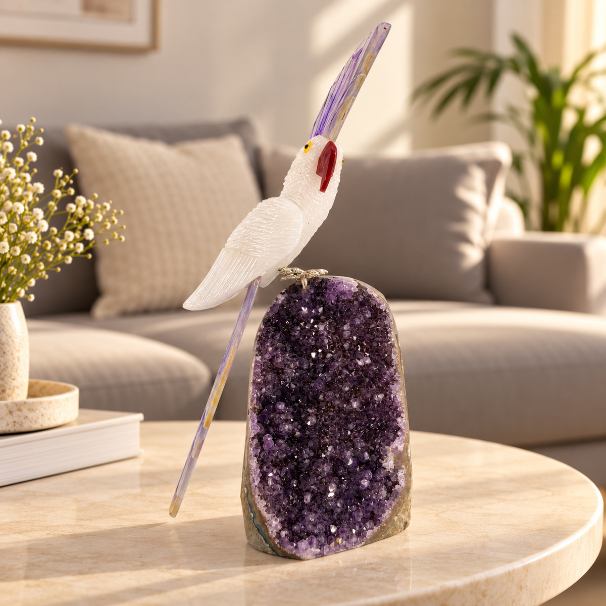 Aurevia White Quartz & Purple Agate Gemstone Bird – Crystal Parrot on Amethyst, Clarity & Harmony Symbol