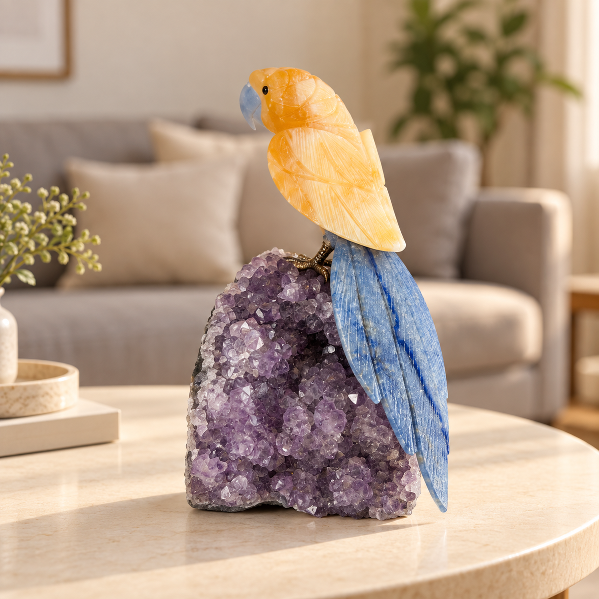 Aurevia Yellow Calcite Gemstone Bird – Lapis Lazuli Crystal Parrot on Amethyst Base, Positivity & Wisdom Symbol, 8 Inch, 1.9 kg