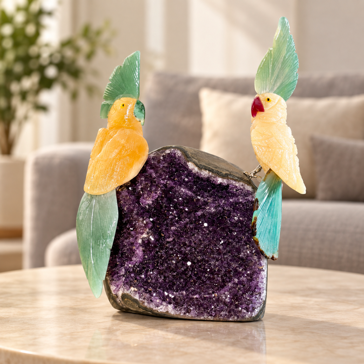 Aurevia Amethyst Gemstone Duo Birds – Yellow Calcite Crystal Parrots with Green Jade & Green Agate, Joy & Harmony Symbol, 9.5 Inch, Approx. 2 kg
