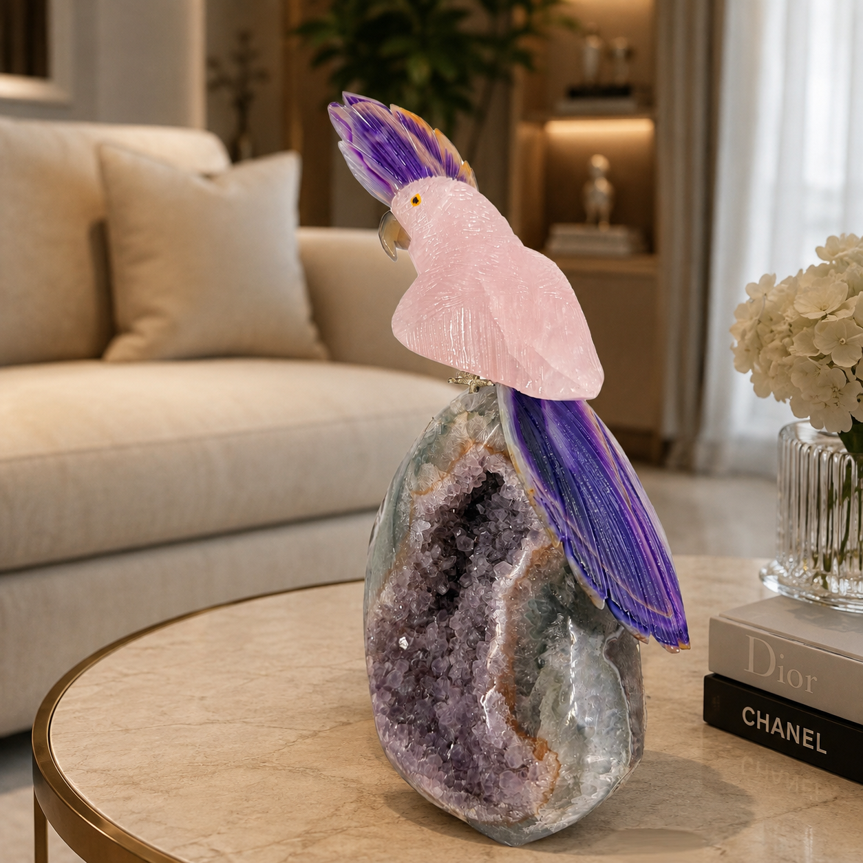 Aurevia Amethyst Gemstone Bird – Rose Quartz & Purple Agate Crystal Parrot | Love & Serenity Symbol | 10 Inch, 1.7 kg