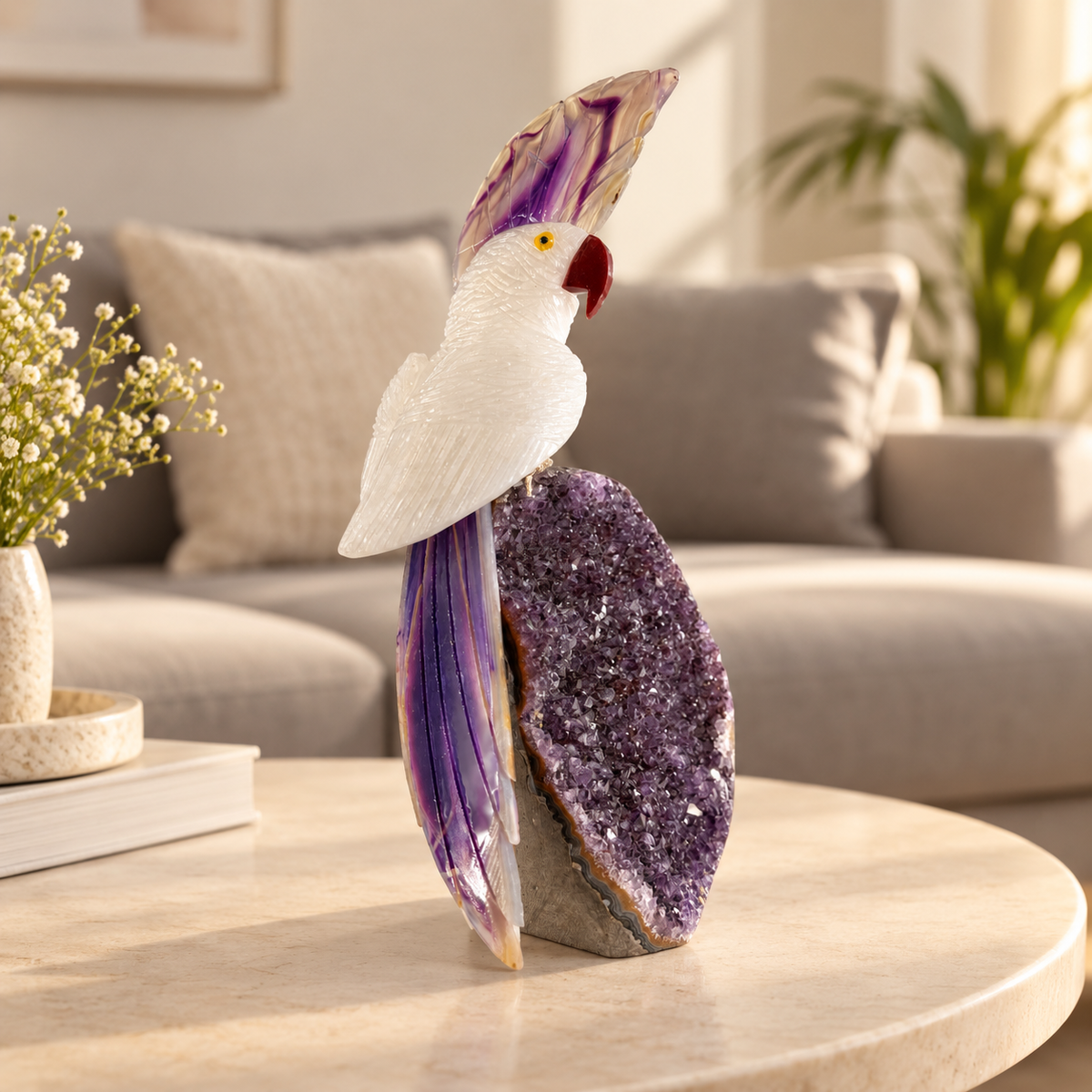 Aurevia White Quartz & Purple Agate Gemstone Bird – Crystal Parrot on Amethyst, Clarity & Harmony Symbol