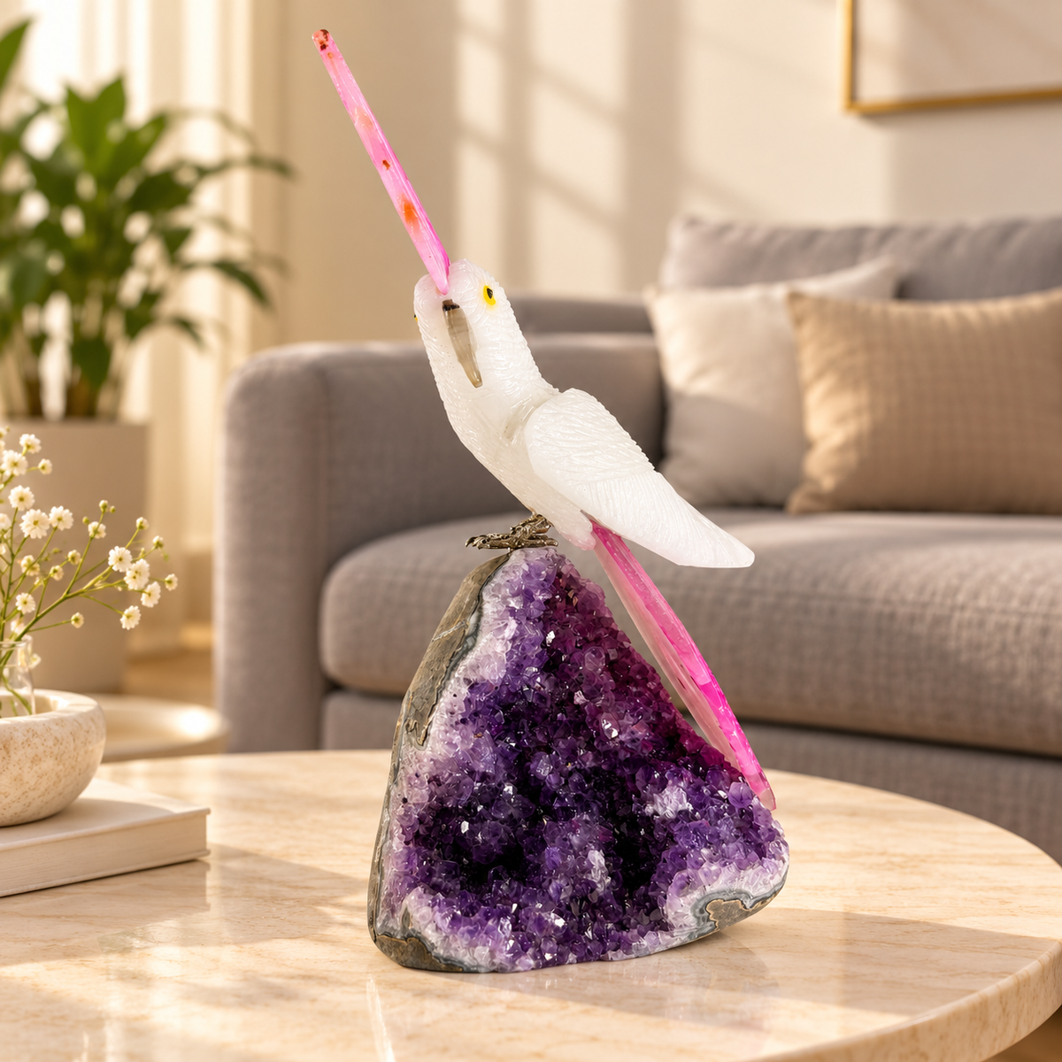 Aurelia White Quartz Gemstone Bird – Pink Agate Crystal Parrot on Amethyst Base, Clarity & Love Symbol, 9 Inch, 1.2 kg