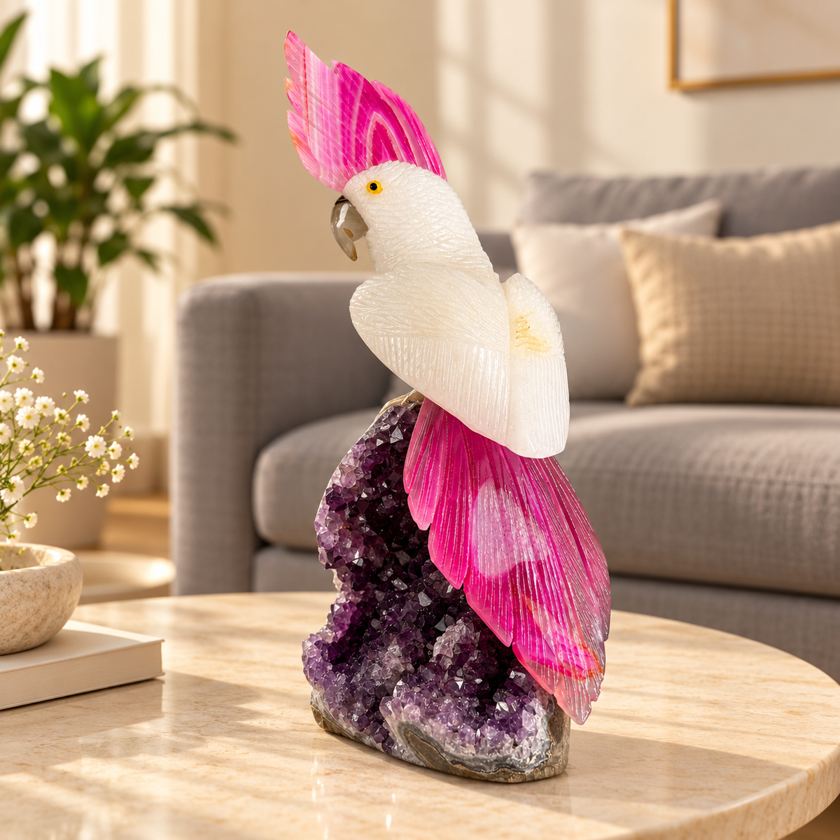 Aurelia White Quartz Gemstone Bird – Pink Agate Crystal Parrot on Amethyst Base, Clarity & Love Symbol, 9 Inch, 1.2 kg
