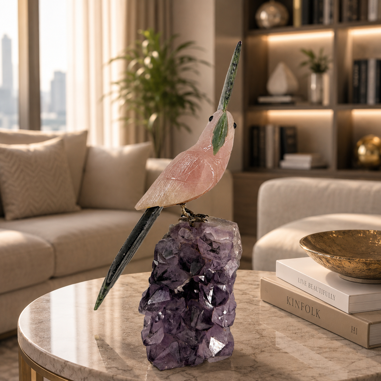 Aurevia Amethyst Gemstone Bird – Rose Quartz & Ruby Zoisite Crystal Parrot Home Décor, Love & Growth Symbol, 10 Inch, 1.4 kg