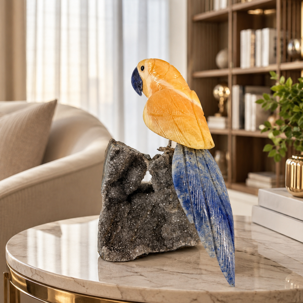 Aurevia Amethyst Gemstone Bird – Yellow Calcite & Blue Sodalite Crystal Parrot Home Décor, Joy & Wisdom Symbol | 6.8 Inch, 1.3 kg