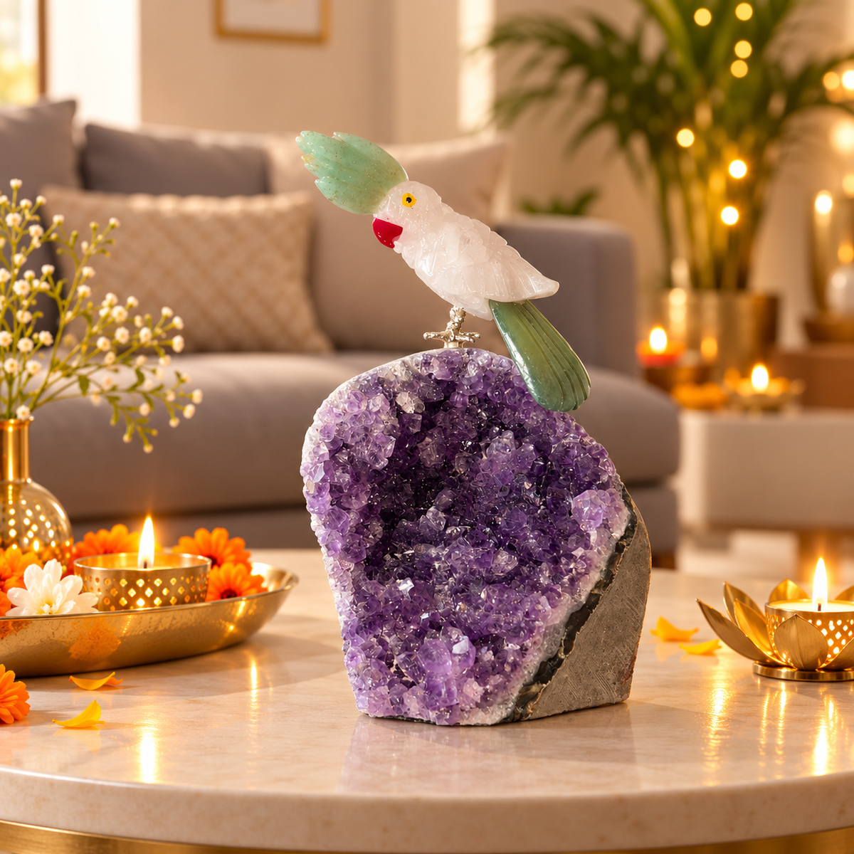 Jadecrest Amethyst Gemstone Bird – Clear Quartz Crystal Parrot Home Décor, Clarity, Prosperity & Harmony Symbol | 5 Inch, 0.272 kg