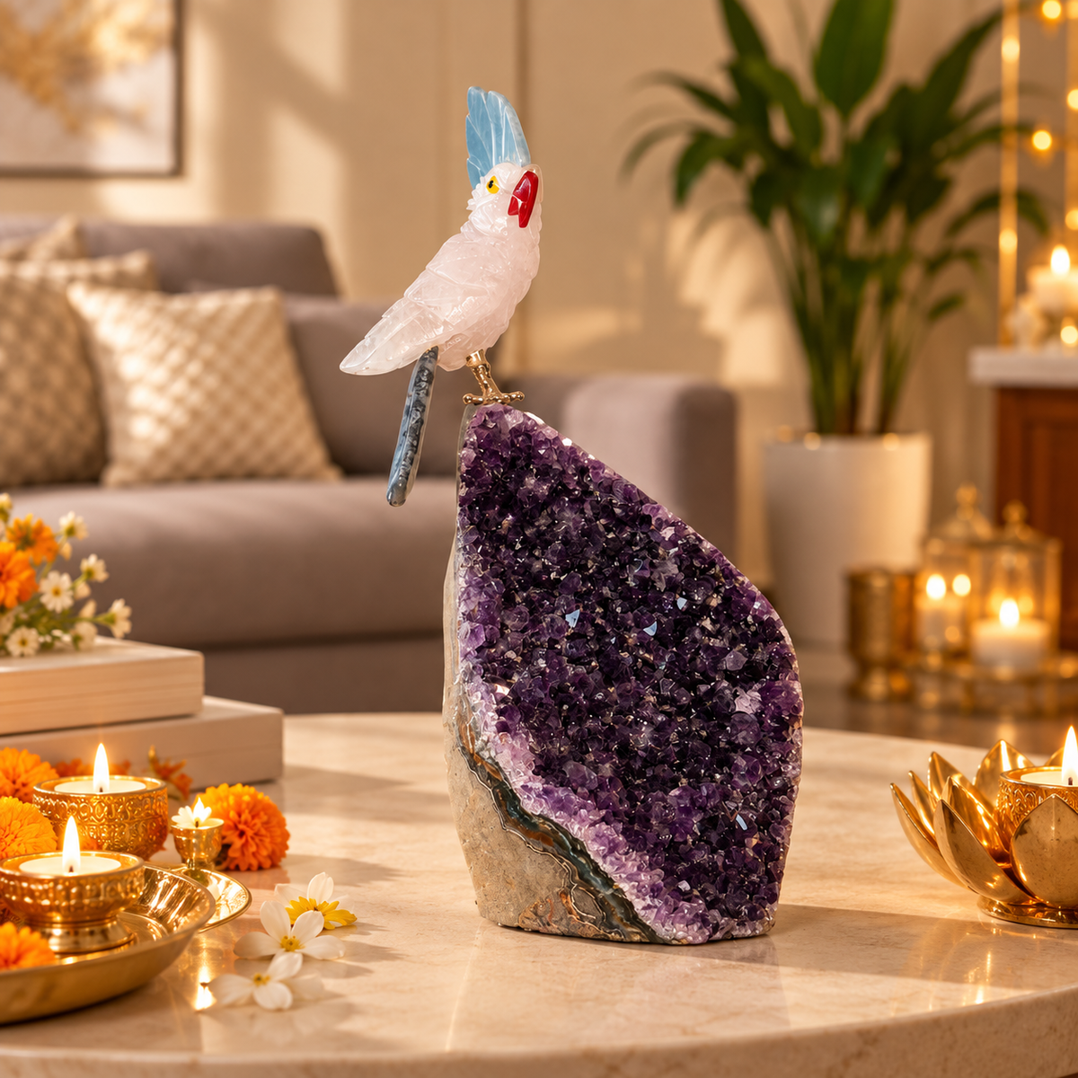 Roselle Amethyst Gemstone Bird – Rose Quartz Crystal Parrot with Lapis Lazuli Crown & Pink Agate Tail, Love, Harmony & Positive Energy Symbol | 5.5 Inch, 0.393 kg