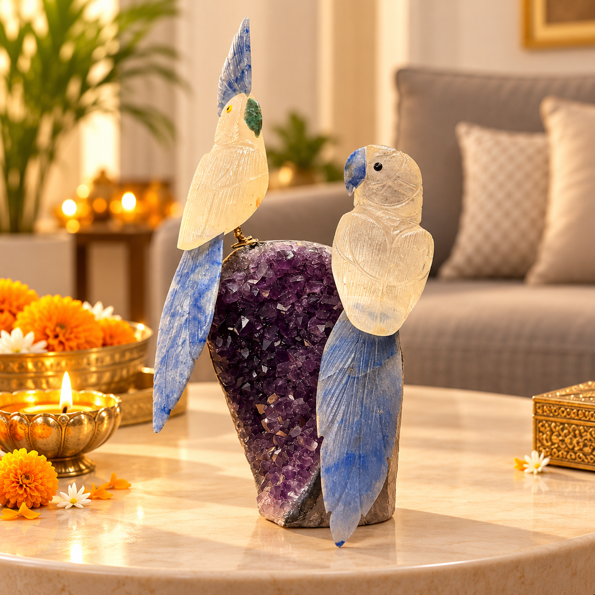 Clear Quartz & Lapis Lazuli Gemstone Dual Bird Pair on Amethyst Base – Crystal Parrot Couple Home Décor, Love & Harmony Symbol, 9 Inch, 1.7 kg