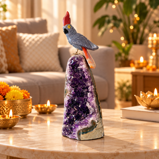Aurevia Blue Sodalite Gemstone Bird – Brown Agate Crystal Parrot on Amethyst Base, Wisdom, Clarity & Harmony Symbol