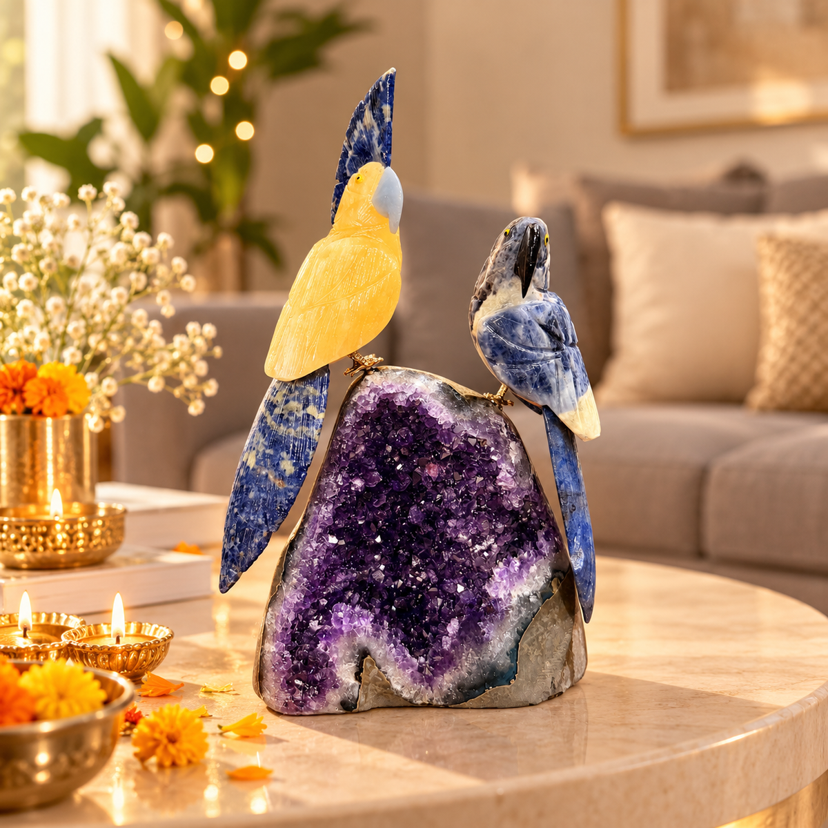 Amethyst Gemstone Duo Bird Pair – Yellow Calcite & Blue Sodalite Crystal Parrot Home Décor, Harmony & Togetherness Symbol | 9 Inch, 1.560 kg