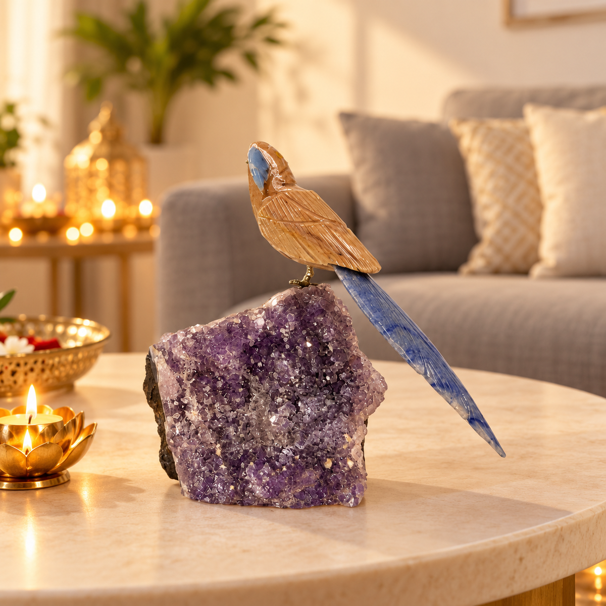 Jasvera Amethyst Gemstone Bird – Crystal Parrot Home Décor, Grounding & Harmony Symbol