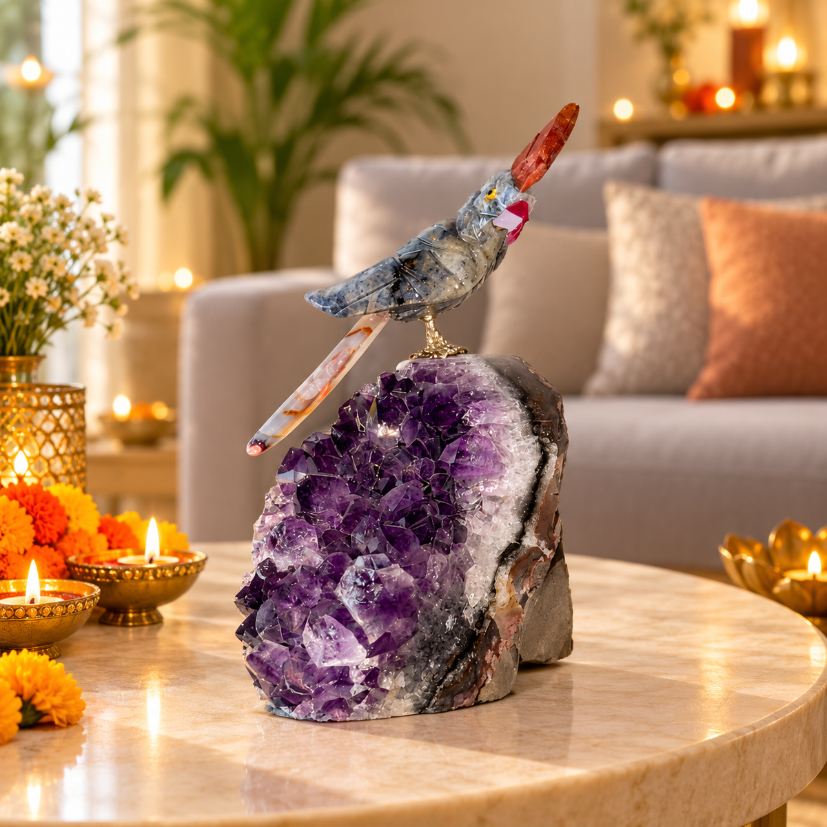 Blue Sodalite Gemstone Bird on Amethyst Base – Pink Agate Tail & Orange Calcite Crown, Clarity & Positive Energy Symbol, 4 Inch, 0.219 kg