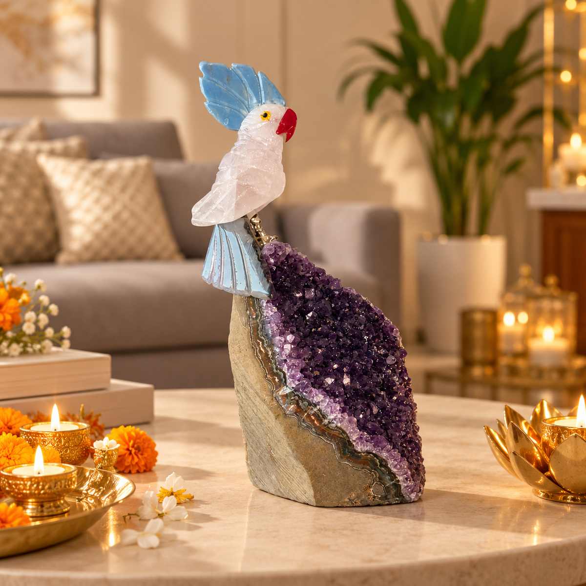 Roselle Amethyst Gemstone Bird – Rose Quartz Crystal Parrot with Lapis Lazuli Crown & Pink Agate Tail, Love, Harmony & Positive Energy Symbol | 5.5 Inch, 0.393 kg