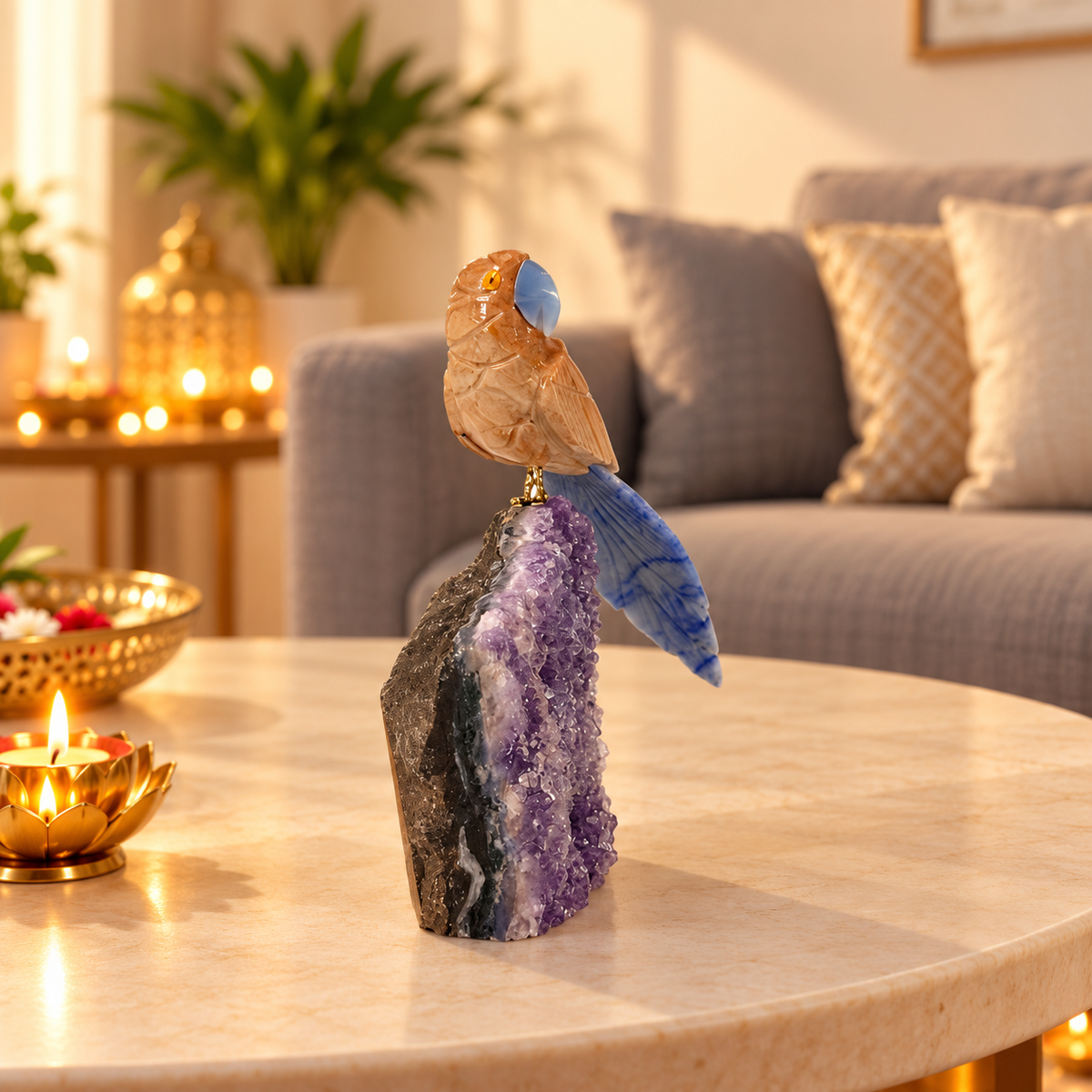 Jasvera Amethyst Gemstone Bird – Crystal Parrot Home Décor, Grounding & Harmony Symbol
