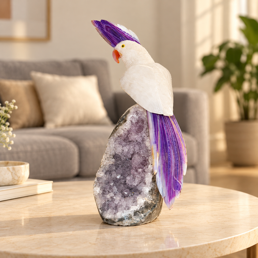 Aurevia Amethyst Gemstone Bird – White Quartz & Purple Agate Crystal Parrot Home Décor, Clarity & Harmony Symbol