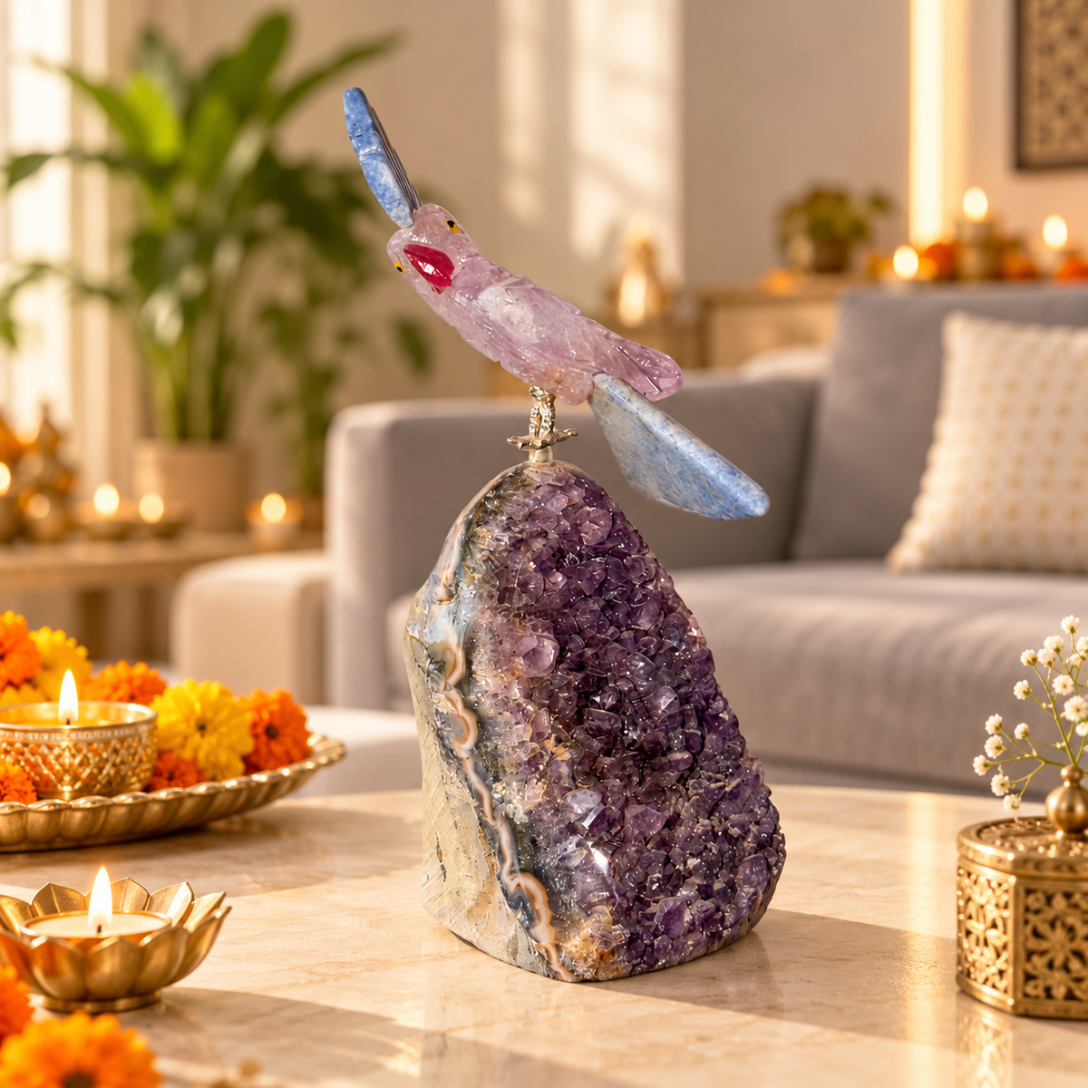 Amethyst & Lapis Lazuli Gemstone Bird – Crystal Parrot Home Décor, Peace, Wisdom & Positive Energy Symbol | 5 Inch, 0.275 kg