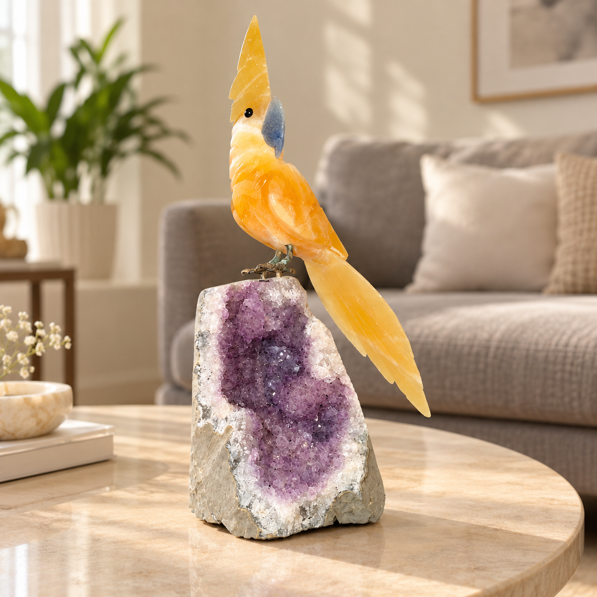 Aurevia Amethyst Gemstone Bird – Yellow Calcite Crystal Parrot Home Décor, Positivity & Prosperity Symbol